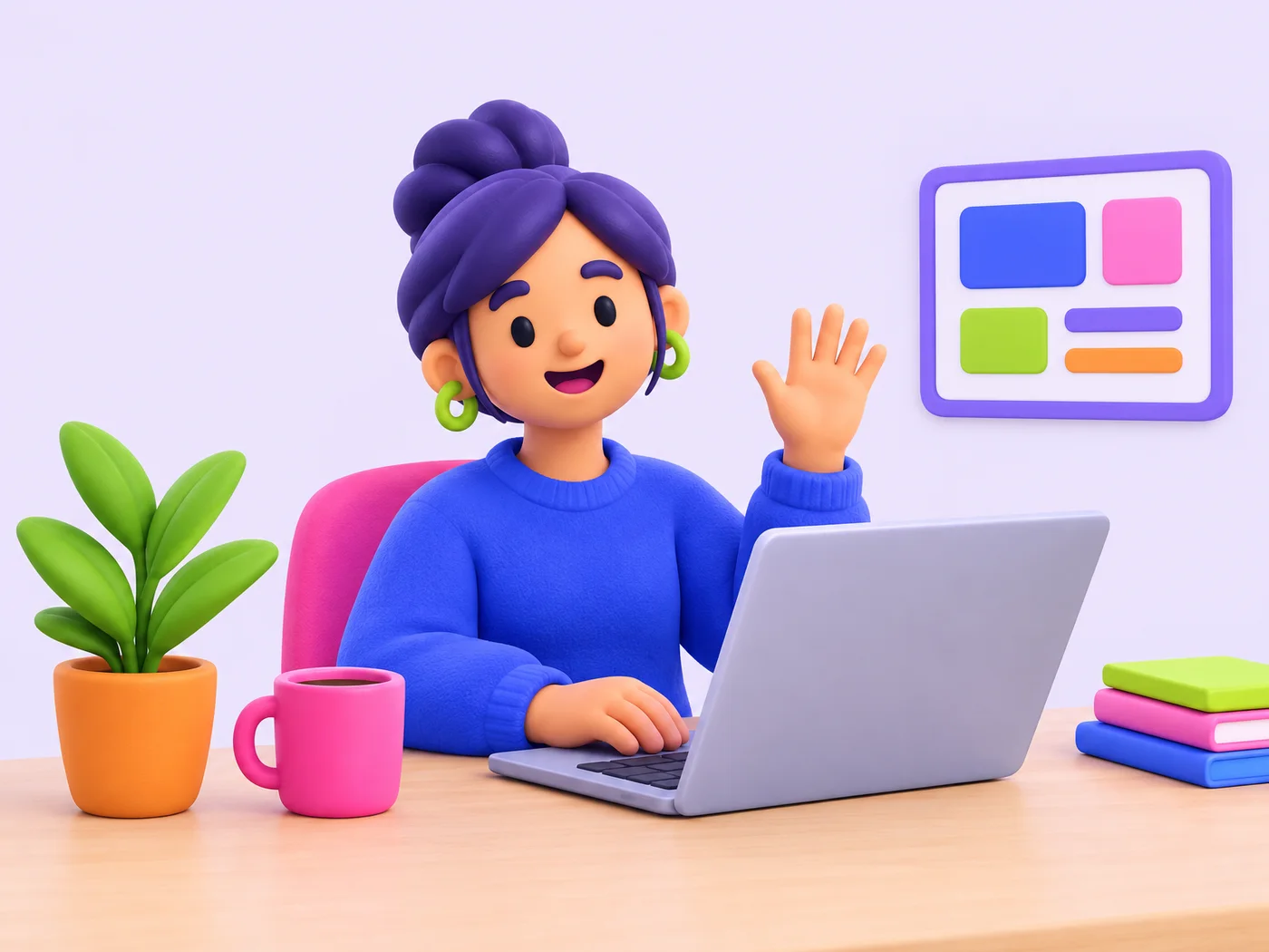 Illustrated character waving at a desk