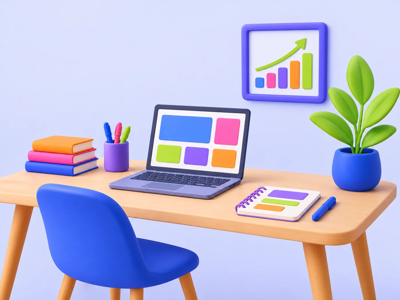 Illustrated founder desk with no person at it
